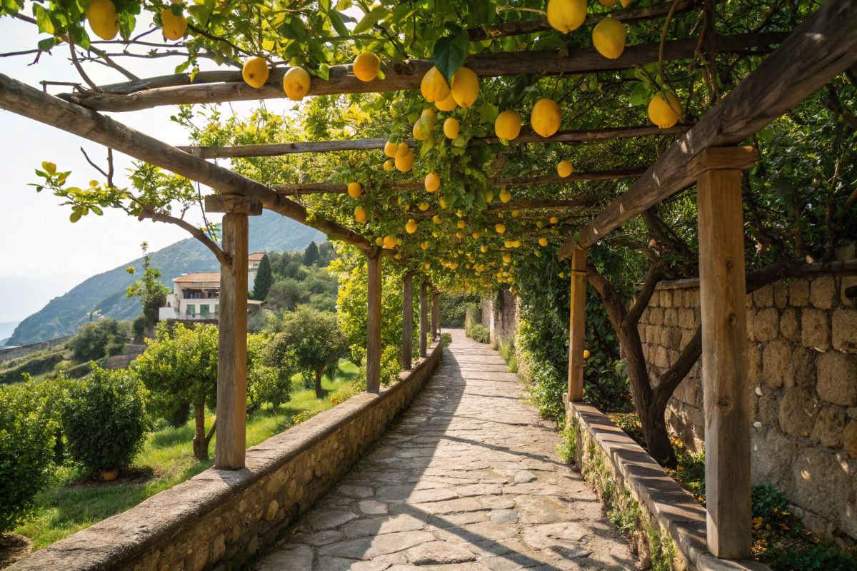 Sentiero attraverso un limoneto della Costiera Amalfitana